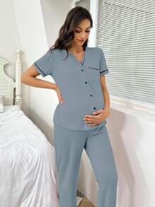 Moonlight&Mama 孕妇撞色前扣短袖上衣和长裤睡衣套装 - 藍色 - 查看 3