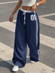 Muchica 女式休闲低腰海军蓝和白色撞色字母印花裤 - 藏蓝色 - 查看 4