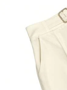 SHEIN Pantalon droit décontracté pour femmes, de couleur unie, avec rayures en forme de cure-dents sur les poches