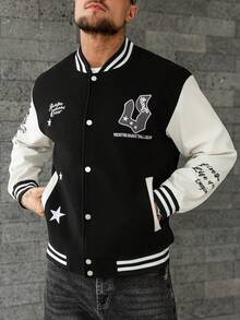 Manfinity Homme Herren Lässige Kontrast Farbige Knopf-Oben Buchstaben Grafik Baseball Jacke Herren Collegejacke Schwarz und Weiß Jacke Streetwear Baseball Jacke Grafik Jacke Streetwear Jacke, Herbst - Schwarz - Übersicht 6