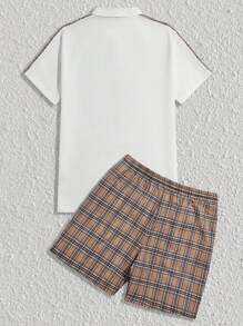 Manfinity BRENVOR 男士字母圖案格紋POLO衫和腰部抽繩短褲 - 彩色 - 查看 2