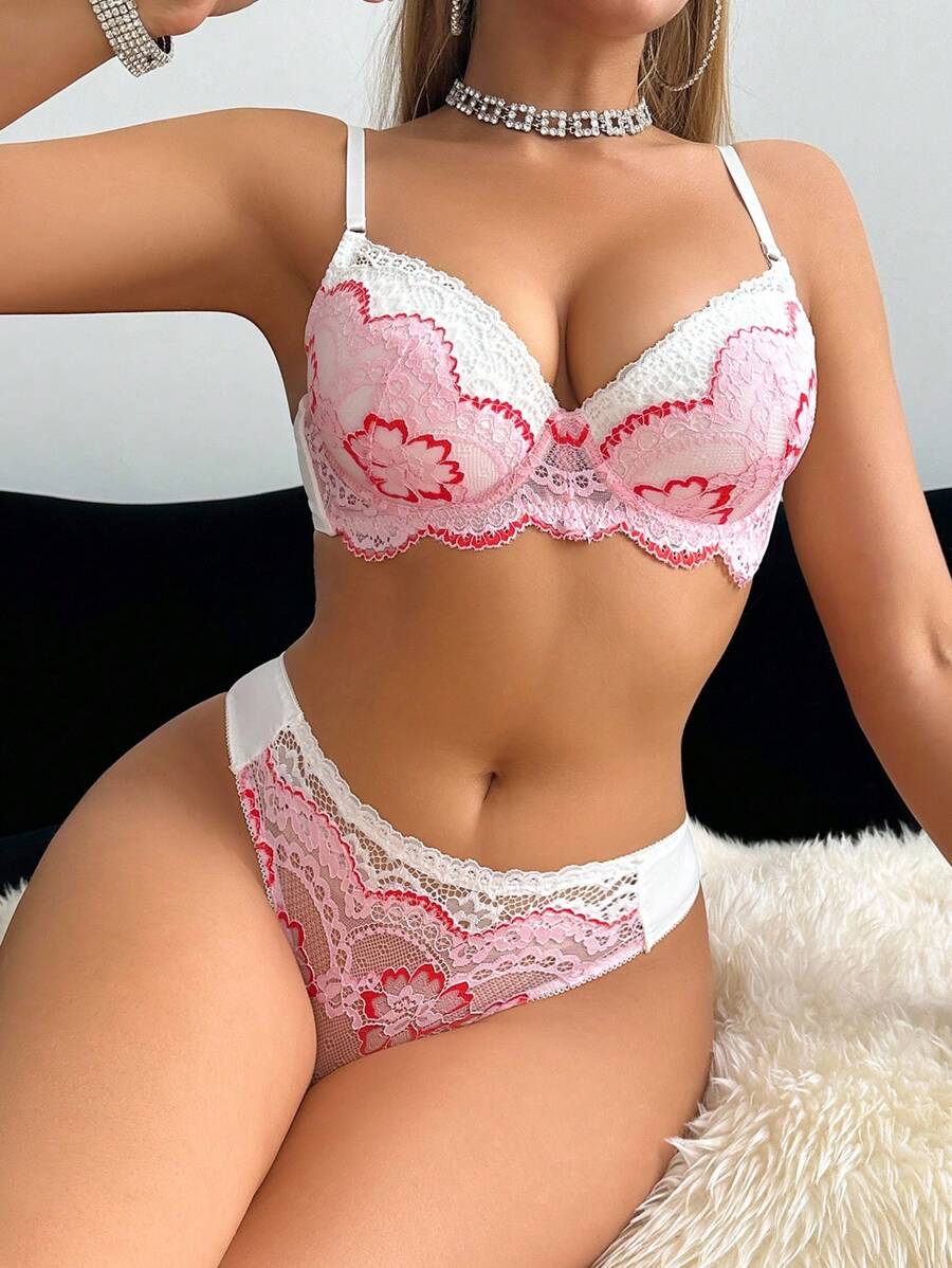 2件套粉色钢圈衬垫文胸套装，蕾丝拼接，撞色，浪漫法式女士内衣套装 - 西瓜粉 - 查看 1