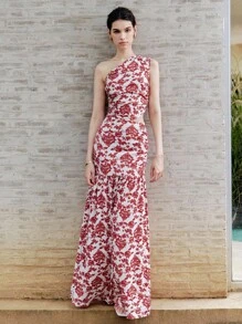 SHEIN Unity 2 件女式花卉印花不对称领无袖上衣和褶皱长裤套装 - 彩色 - 查看 1