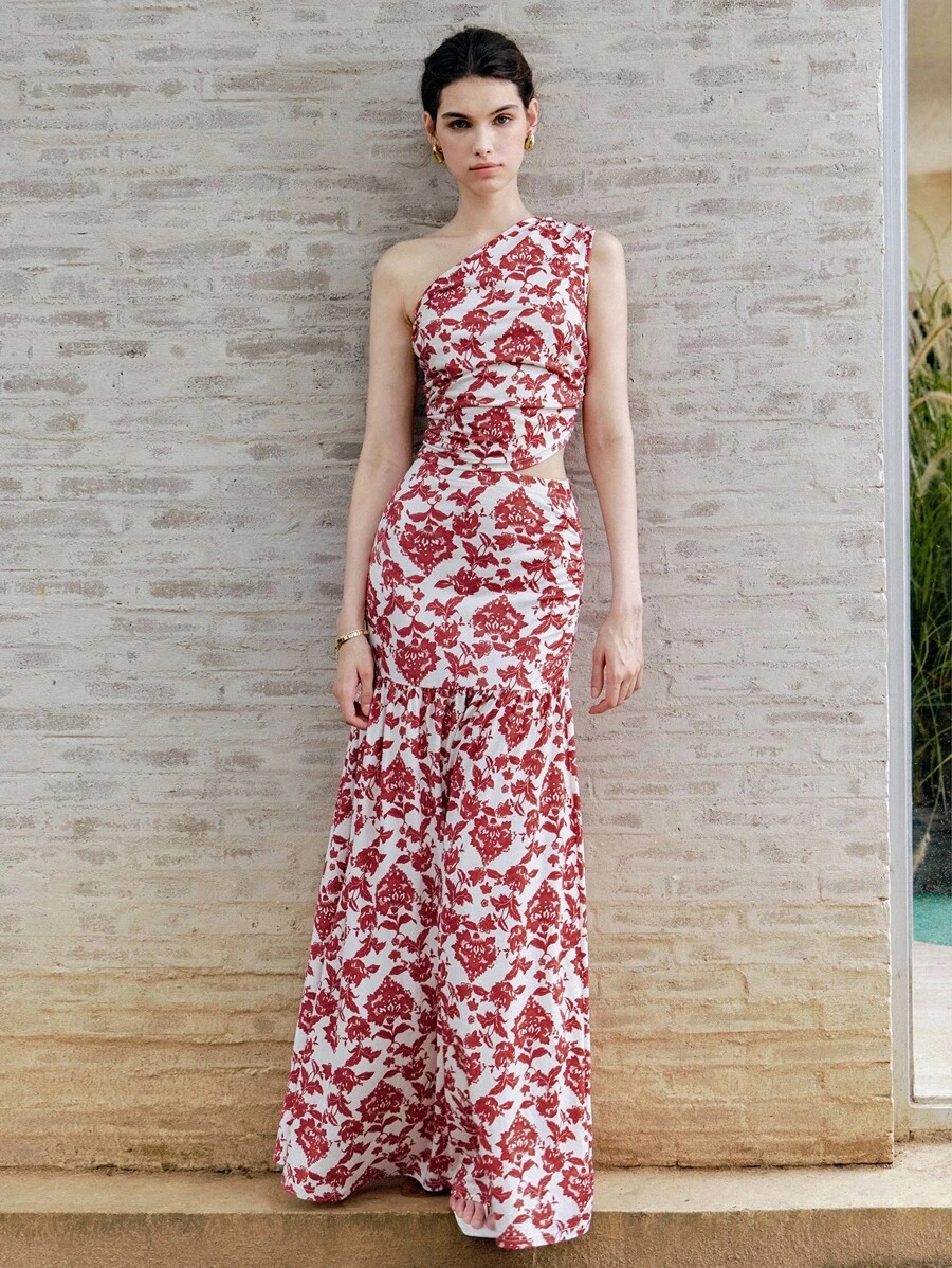 SHEIN Unity 2 件女式花卉印花不对称领无袖上衣和褶皱长裤套装 - 彩色 - 查看 1