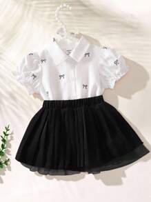 SHEIN Baby Girl Summer Casual Cute Butterfly Print Collared Shirt & Pleated Skirt Set