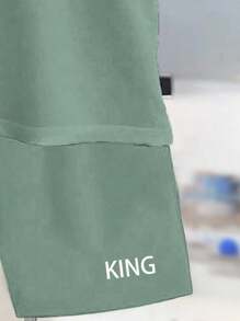 SHEIN Tween Boys 2pcs Set Casual Fashion Classic Striped Splice Stepped Print King Letter T-Shirt And Shorts For Summer - Green - View 3