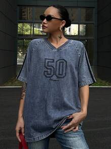 Livesso Women's V-Neck Short Sleeve Embroidered Denim Blouse, Summer - Blue - View 1