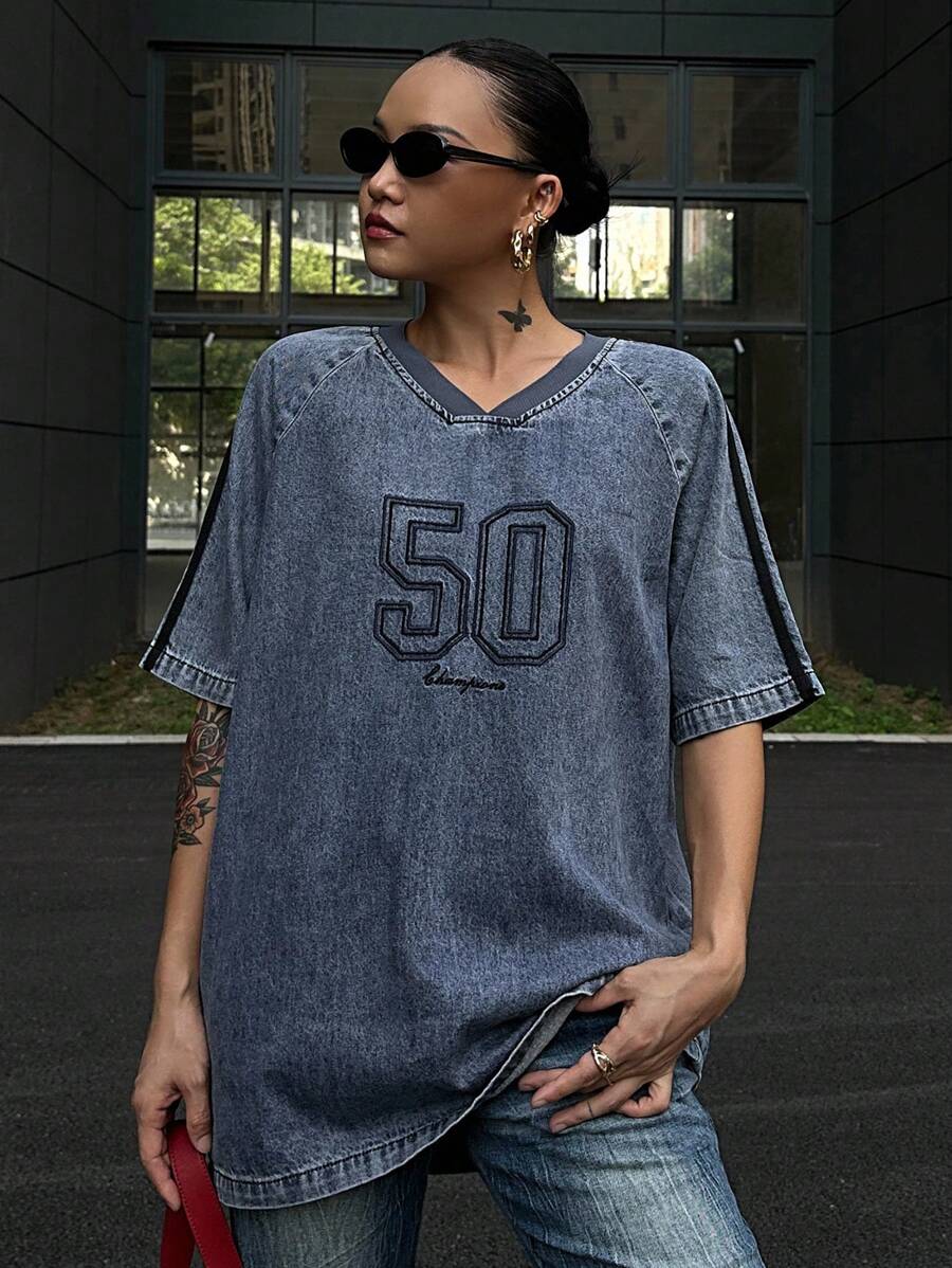 Livesso Women's V-Neck Short Sleeve Embroidered Denim Blouse, Summer - Blue - View 1