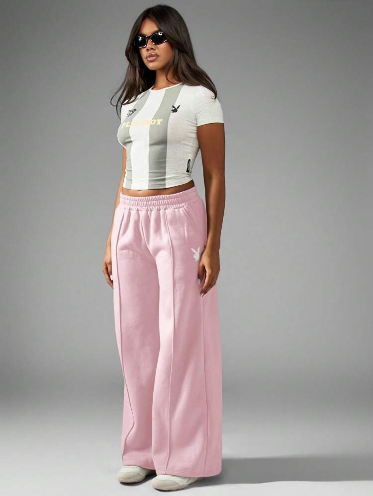 Missguided x Playboy Pantalones deportivos clásicos de pierna ancha y cintura elástica con tiro alto