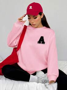 SHEIN EZwear 女款秋冬新款字母印花運動運動衫與緊身褲套裝 - 粉色 - 查看 4