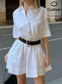 Siren Gaze 女式简约纯色落肩宽松 Polo 领迷你休闲连衣裙，夏季百搭 - 白色 - 查看 5