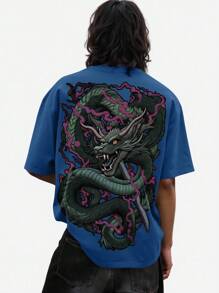 ROMWE MEN Anime Men's Summer Casual Dragon Print Round Neck Loose Short Sleeve T-Shirt - Multicolor - View 1