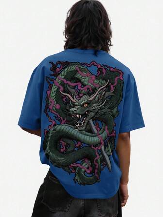 Street Life Camiseta de manga corta suelta de cuello redondo con estampado de dragón para hombre, de verano y casual