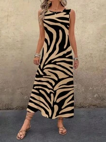 EMERY ROSE Gaun Musim Panas Wanita Motif Asimetris Kasual, Cocok untuk Liburan, Gaun Motif Zebra, Cocok untuk Jalan-jalan, Gaun Chic, Kasual - MultiWarna - View 4