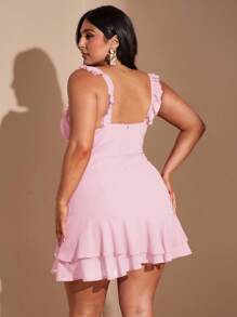 SHEIN BAE 大码女式春夏浪漫性感 V 领甜美可爱优雅百搭约会夜红色荷叶边下摆迷你连衣裙，海滩度假派对短裙