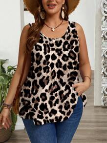 EMERY ROSE Plus Size Vintage Leopard Print Pleated Wide Strap Loose Tank Top, Versatile For Spring/Summer Outings Suitable For Going Out - Multicolor - View 3