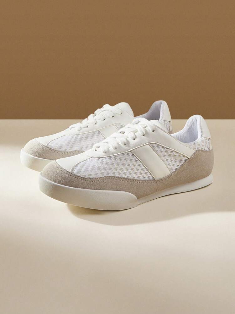 CUCCOO EASI Women's Casual Mesh Panel Round Toe Flat Sneakers, Simple Design Comfortable PU Leather Apricot Color Athleisure Shoes For Daily And Outdoor Wear