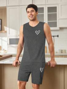 SHEIN Men's Simple Heart Print Casual Sleeveless Tank Top And Pajamas Set - Dark Grey - View 6