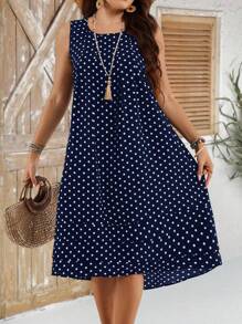 EMERY ROSE Vestido de vacaciones de mujer de talla grande con estampado de lunares, cuello redondo y sin mangas, Conjuntos de vacaciones de mujer, Atuendos de verano para mujer, Ropa de oficina, Atuendos de vacaciones de mujer, Atuendos de verano para mujer Festival Bohemio, Atuendo de vacaciones