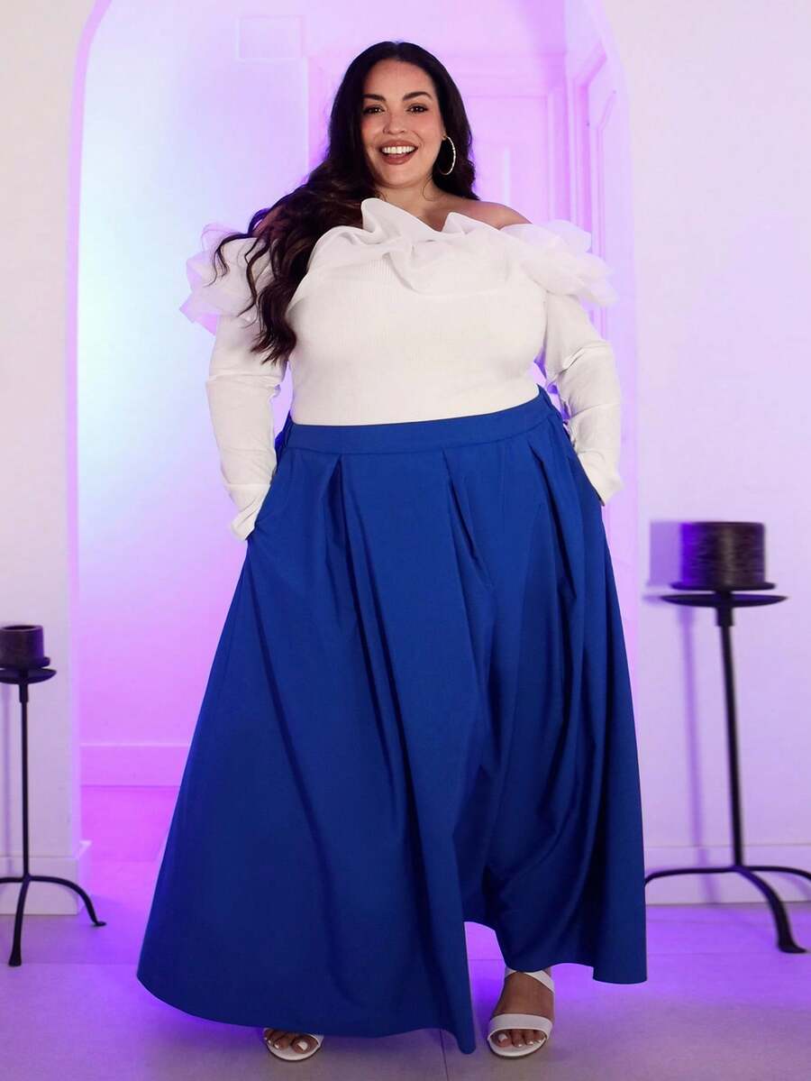 Pretty and Ole Plus Size Solid Color Pleated Skirt With Pockets Maxi Women Outfit - Blue - View 1