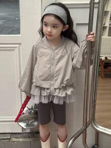 Dazy Kids 年轻女孩时尚网眼拼布灯笼袖夹克 - 灰色 - 查看 5