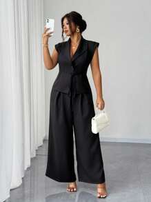 Elenzga Plus Size Women's Elegant Business Casual Commuting Daily Wear Blazer Jacket & Wide Leg Pants 2 Pieces Set - Black - View 1