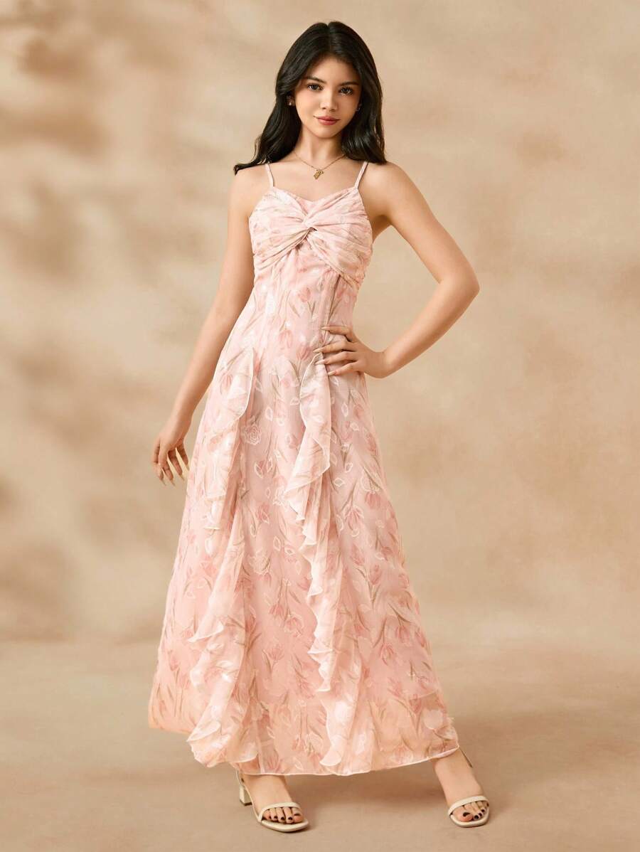 SHEIN 女童碎花吊带长裙、公主生日派对礼服、钢琴演奏舞台裙、不对称下摆连衣裙