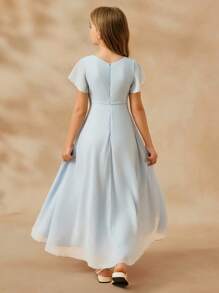 Girls' Elegant V-Neck Sleeveless High Waist Long Asymmetrical Hem Chiffon Blue Dress Fall Winter - Baby Blue - View 2