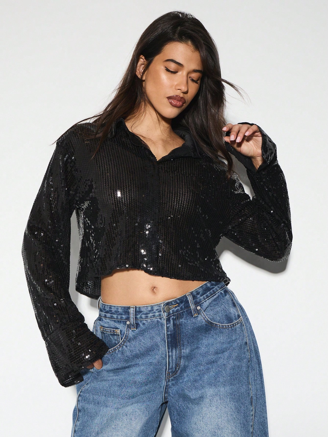 KIZN Sequin Long Sleeve Crop Top Collared Blouse