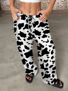 SHEIN EZwear Plus Size Casual Full Print Cow Spots Pattern Drawstring Straight Leg Pants, Suitable For Spring/Summer