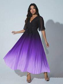 Viva Relle 大码女式优雅浪漫夏日度假连衣裙，V 领裹领雪纺荷叶边袖短袖，腰带，渐变色，褶皱，飘逸长裙 - 紫色 - 查看 1