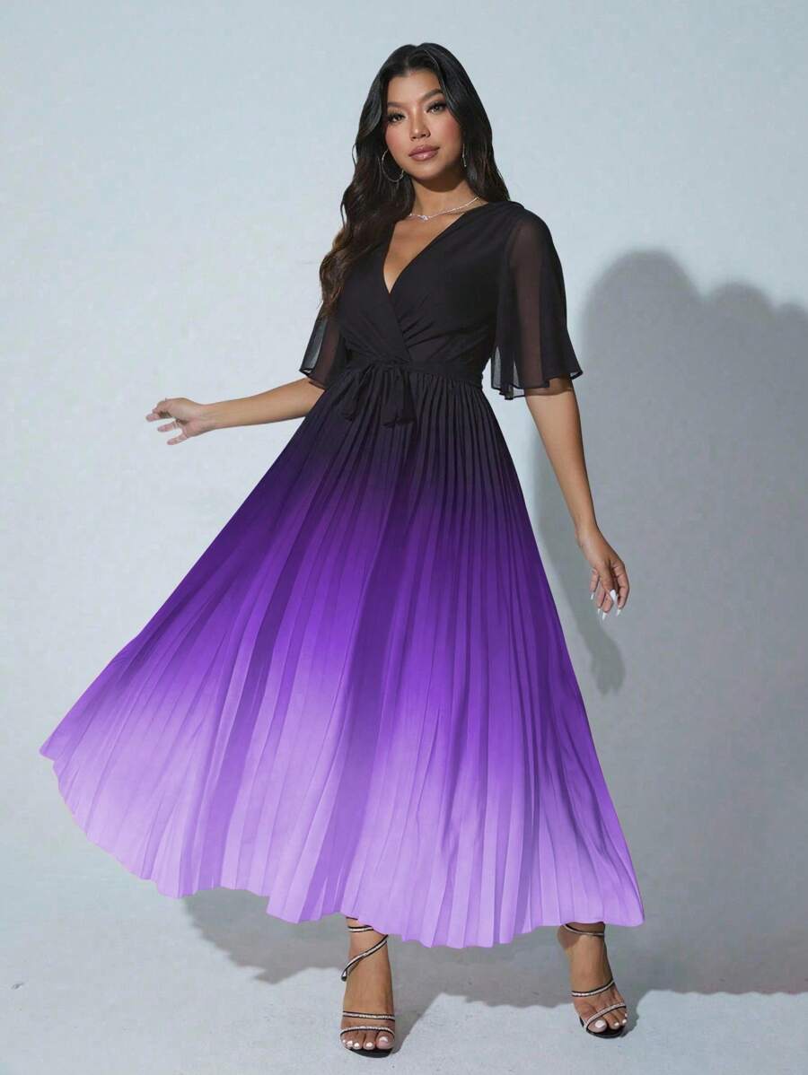 Viva Relle 大码女式优雅浪漫夏日度假连衣裙，V 领裹领雪纺荷叶边袖短袖，腰带，渐变色，褶皱，飘逸长裙 - 紫色 - 查看 1
