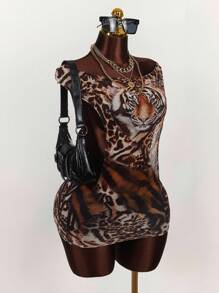 Amplova Vestido ajustado con inserción de malla con estampado de tigre, cuello drapeado, de múltiples formas de usar, talla grande, con lazo en la espalda - Multicolor - Ver 7