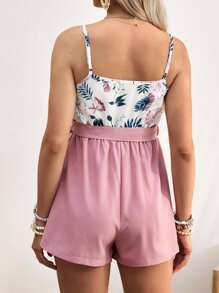 SHEIN Comfortable Tropical Print Waist Jumpsuit Romper Set - Dusty Pink - View 2