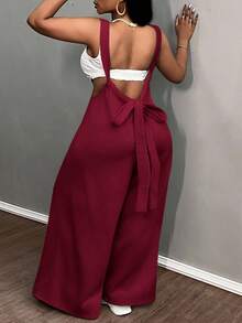 Slaydiva Casual Solid Color Wide Leg Drawstrings, Fashionable Sleeveless Jumpsuit - Burgundy - View 3