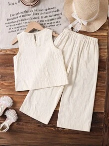 2pcs/Set Young Girl Woven Solid Color Jacquard Ruffle Hem Blouse And Loose Casual Pants