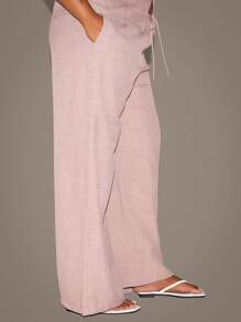 MUSERA Plus Size Women High Rise Tie Front Linen Look Wide Leg Trousers Holiday Swim Sexy Romantic Elegant Vanilla Move On Vacation Summer Casual - Brown - View 3