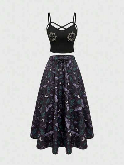 Goth 2pcs Set: Gothic Floral & Moon Print Women's Camisole Top + Snake & Moth Print Elastic Waist Skirt, Vacation Style