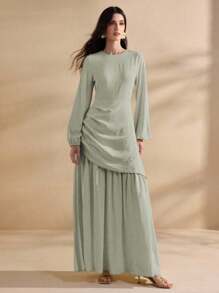 Graceveil Women Crew Neck Long Sleeve Ruched Elegant French Style Dress Fall Cloth For Women - Green - View 3