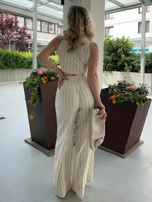 Jeta Ari 2pcs/Set Women's Summer Striped Cropped Tank Top And Wide-Leg Pants - White - View 2