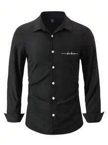 Manfinity Mode Men's Plus Size Black Business Shirt Elegant Long Sleeve Collared Top With Subtle Rhinestone Details And Smooth Woven Fabric For Professional Commuting , Fall - Black - View 3