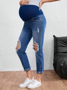 SHEIN Adjustable Waist Relaxed Fit Maternity Straight Leg Cropped Jeans - Medium Wash - View 3