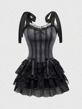 Goth Gotischer Vintage-Palast-Stil Kontrast-Farben Spitzen-Saum Kreuz-Anhänger Frauen Samt-Neckholder-Bindeschleifenkleid