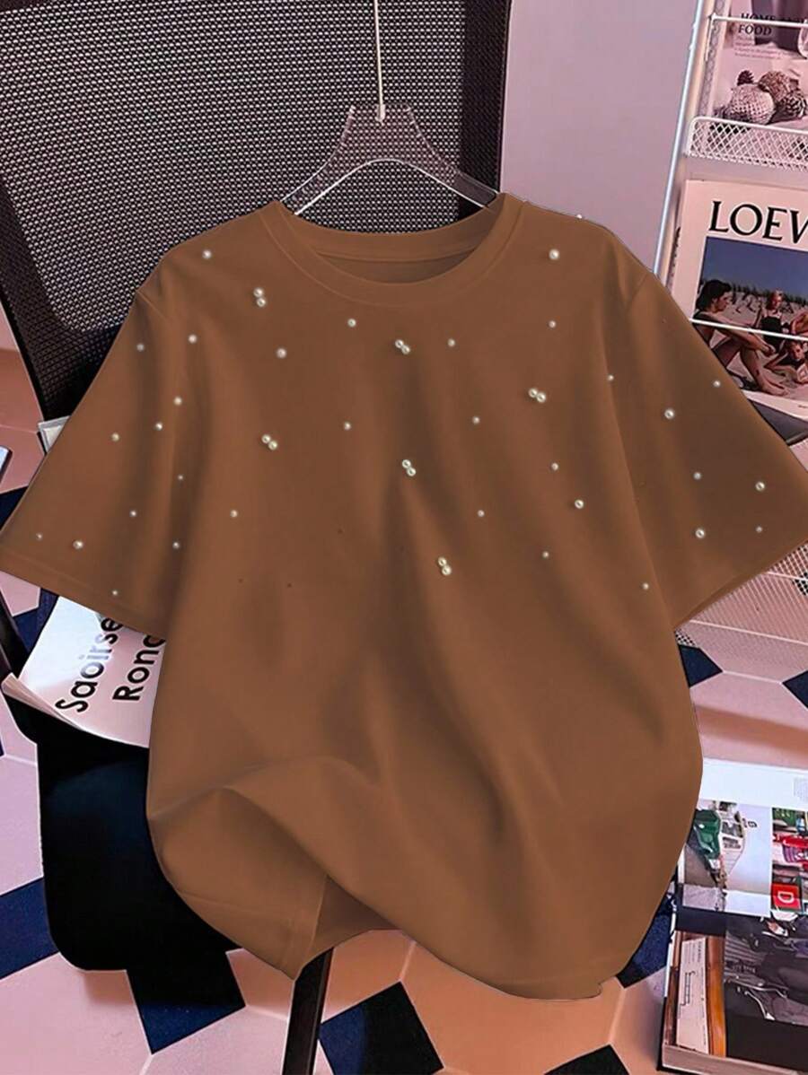 Franclia 夏季时尚圆领仿珍珠装饰白色短袖T恤，夏季美拉德风格上衣，适合大学穿着的棕色夏季服装 - 咖啡棕 - 查看 1