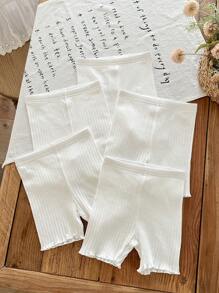 SHEIN LMoss Kids Bộ 5 quần short lưng thun dệt kim màu trơn cho bé gái - trắng - Xem 2