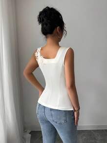 Elenzga Áo hai dây ren không tay bằng vải satin cho nữ, thời trang thanh lịch cho cuộc sống thường ngày, tiệc tùng và tụ tập - Màu be - Xem 2