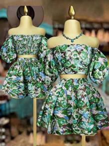 Flirla 大码女式花卉印花船领泡泡袖衬衫 + 褶皱 LGBT 印花短裤两件套，春夏 - 綠色 - 查看 1