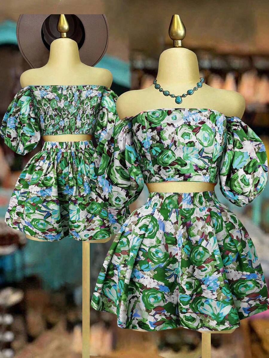 Flirla 大码女式花卉印花船领泡泡袖衬衫 + 褶皱 LGBT 印花短裤两件套，春夏 - 綠色 - 查看 1