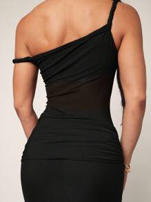 Silquee Women's Simple Solid Asymmetrical Shoulder Bodycon Mini Dress, Summer Dress,Back To School Dress, , Black Maxi Dress Sheer Maxi Dress Mesh Maxi Dress Black Sheer Dress Bodycon Maxi Dress,Fall Wedding Guest Dress - Black - View 7