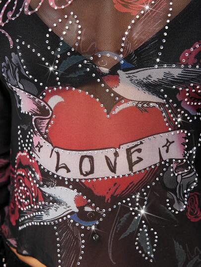Grunge Punk Y2K Retro Sassy Rose & Heart All-Over Print Rhinestones Women Mesh Top
